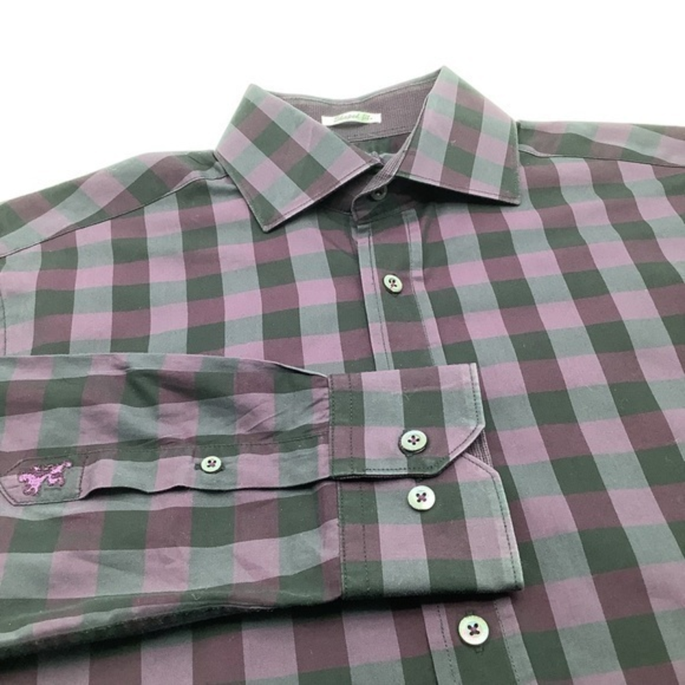 Bugatchi Mens Shaped Fit LS Button Up‎ Purple Black Checkered Shirt Large.